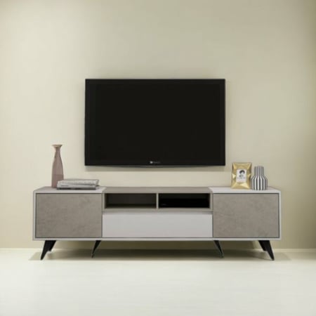 طاولة تلفزيون من الخشب الماليزي باللون الأبيض والرمادي