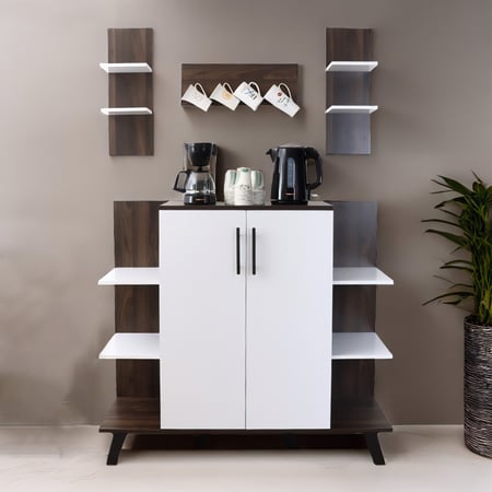 ركن قهوة خشبي للمنزل 3 ادراج وارفف خشب ماليزي لون بني وأبيض