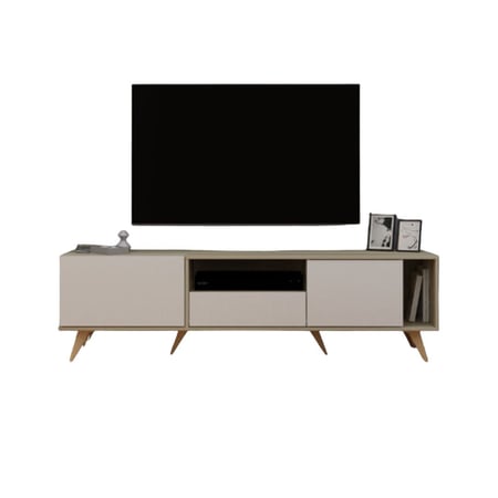 طاولة تلفزيون من الخشب الماليزي لون خشبي مع أبيض