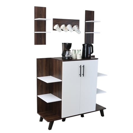 ركن قهوة خشبي للمنزل 3 ادراج وارفف خشب ماليزي لون بني وأبيض