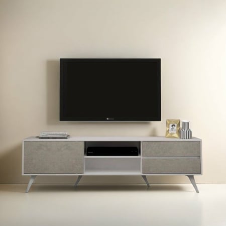 طاولة تلفزيون من الخشب الماليزي باللون الأبيض والرمادي