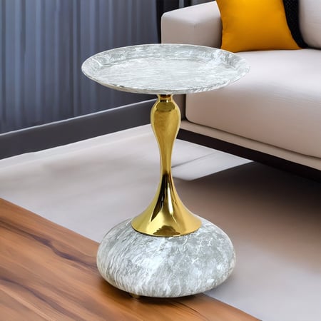 طاوله خدمه أنيقة من الاستيل بتصميم دائري - رمادي رخامي وذهبي