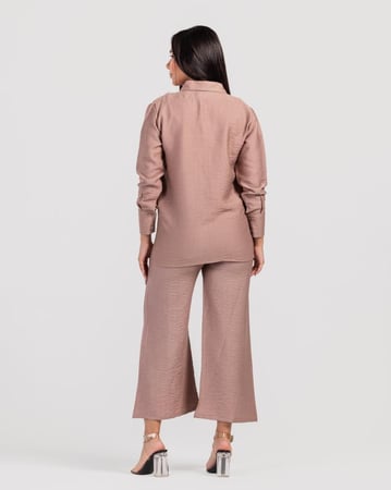 طقم كتان قطعتين بأكمام طويلة- كافية غامق