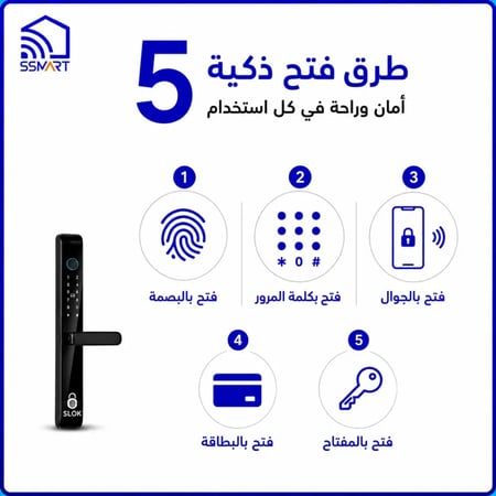 قفل باب ذكي SLOK بخمس طرق فتح ذكية بصمة وكلمة مرور وبطاقة وتطبيق