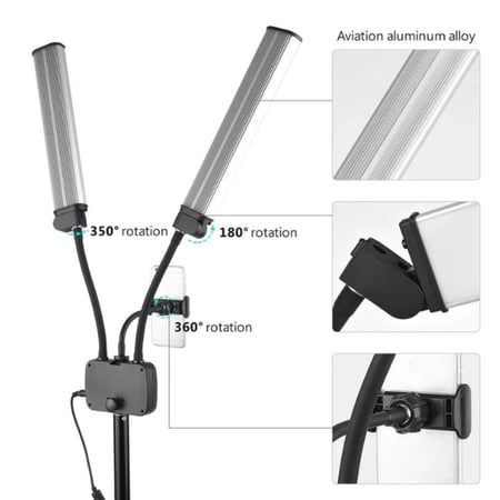 إضاءة تصوير  LED مرن مزدوج الذراعين للفيديو 3200/4500/5600 كلفن 3 اوضاع اضاءة 45 واط حامل موبايل للبث المباشر