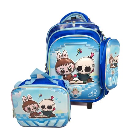 حقيبة مدرسية للأطفال بعجلات منفصلة مع حقيبة غداء و مقلمة لابوبو ازرق - 4 قطع