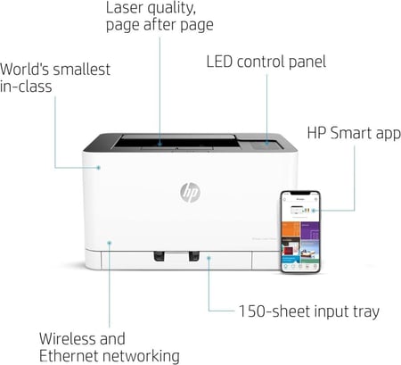 طابعة HP LaserJet Color 150nw - طابعة ليزر ملونة صغيرة الحجم - أبيض