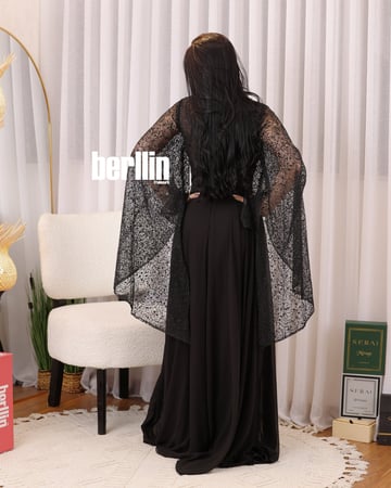 فستان سهرة طويل بليسية اوف شولدر مطرز لون اسود