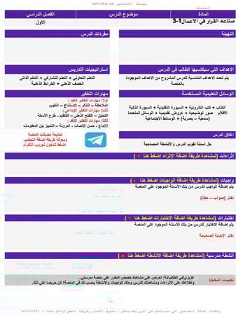 مفردات الدرس مادة صناعة  القرار في الاعمال 1-3  ثاني ثانوي مسارات الفص