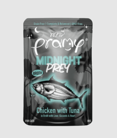 برامي ميدنايت براي طعام رطب للقطط بالتونة و الدجاج في المرق 80غ