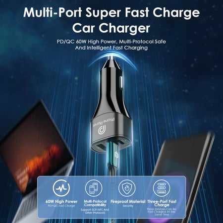 شاحن سيارة بقوة 60w مخرجين PD ومخرج USB من فون بلانت