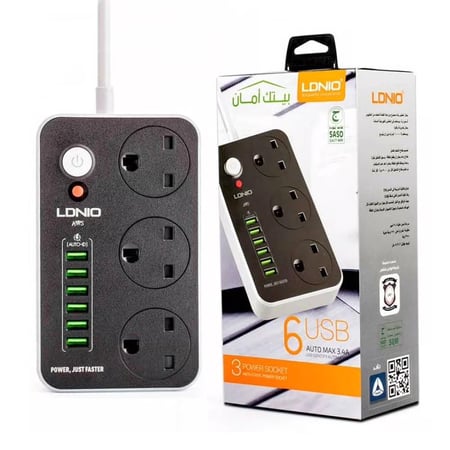 توصيلة كهربائية مع 6 منافذ USB طول السلك 3 متر الاصدار الجديد بيتك آمان من لدنيو