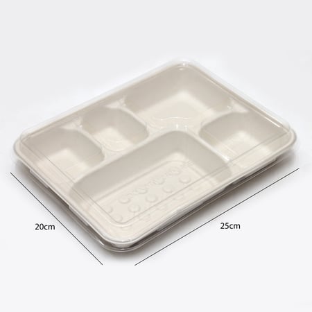 وعاء قصب السكر مقسم خماسي بغطاء شفاف