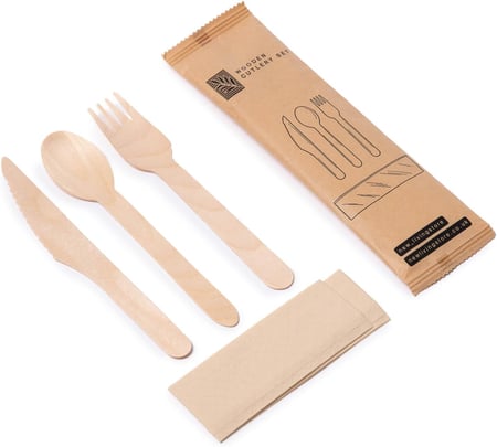 طقم أدوات مائدة خشبية سكين، ملعقة، وشوكة و منديل