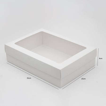 علبة ورقية بيضاء بغطاء منفصل ونافذة شفافة