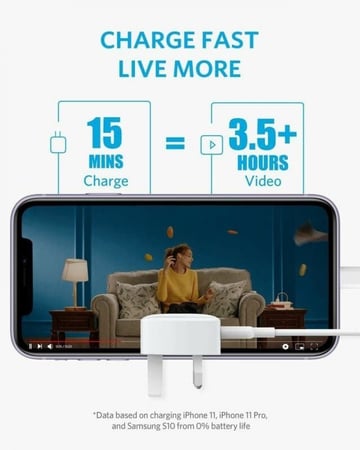 شاحن جداري انكر بمنفذ واحد 20W USB-C يدعم تقنية الشحن سريع PD اللون ابيض
