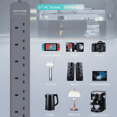 راف باور  توصيلة 6 منافذ بقوة 3150 واط - رمادي