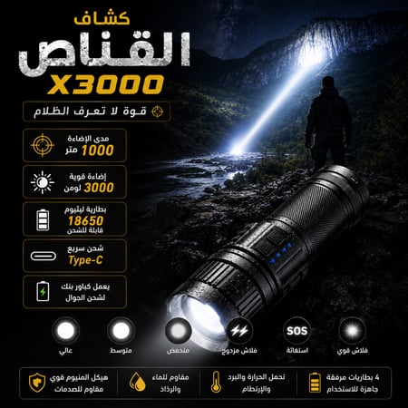 كشاف القناص X3000 ليد بعيد المدى 1000 متر قابل للشحن USB-C مع 4 بطاريات ليثيوم