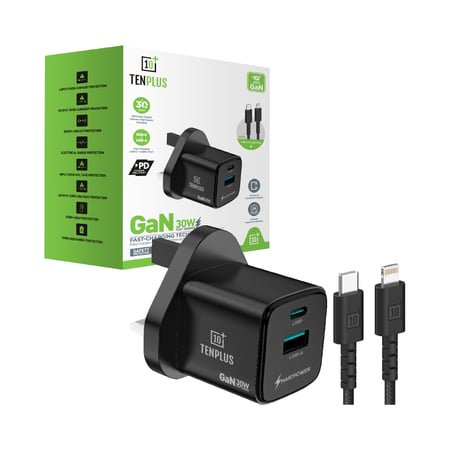 شاحن حائط TENPLUS GaN بقدرة 30W – تقنية الشحن السريع PD + QC