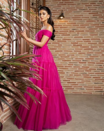 Fuchsia Off-The-Shoulder Maxi Evening Gown