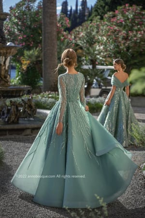 Beaded Tulle Long Sleeve Gown