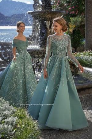 Beaded Tulle Long Sleeve Gown