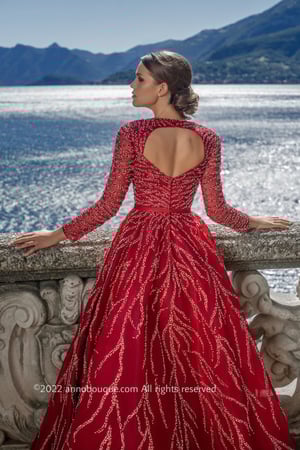 Beaded Tulle Long Sleeve Gown