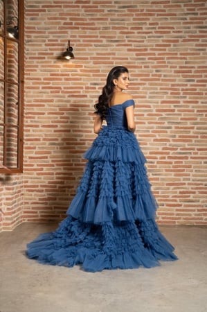 Blue Off-The-Shoulder Frill-Layered Gown