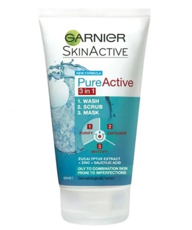 غسول ومقشر وقناع للوجه بيور اكتيف 3 في 1 من غارنييه - للبشرة الدهنية - 50 مل