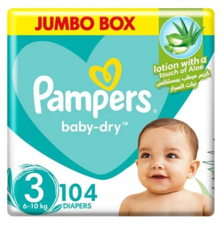 بامبرز حفاضات بيبي دراي مع لوشن الصبار مقاس (3) 6-10 كجم - 104 حفاضة