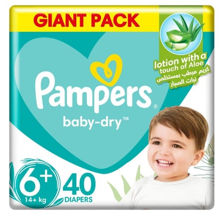 بامبرز حفاضات بيبي دراي مع لوشن الصبار، مقاس +6، 14+ كجم، 40 حفاضة