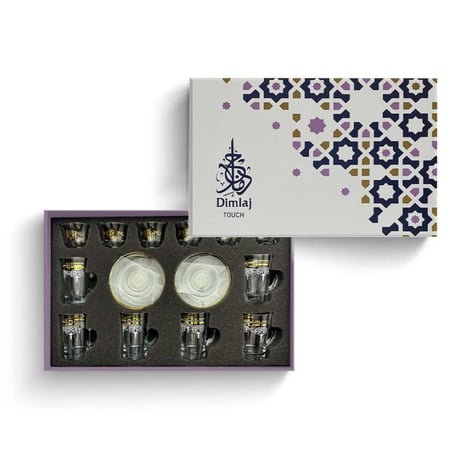 طقم بيالات و فناجين شاي مع فناجين قهوة عربية زجاجية مذهبة بزخرفة عصرية وانيقة
