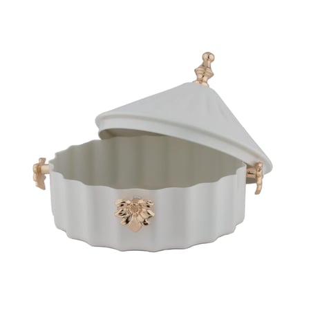 سكرية وتمرية دائرية مع غطاء من السيف- مقاس كبير - لون ابيض عاجي مع ذهبي