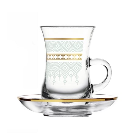 طقم كاسات شاي بيد مذهب فضي مع صحن زجاجي بزخرفة هندسية عصرية وانيقة