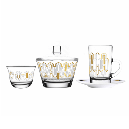 طقم ضيافة بيالات وفناجين شاي بيد مذهبة + فناجين قهوة عربية مذهبة + سكرية وتمرية زجاجية مذهبة