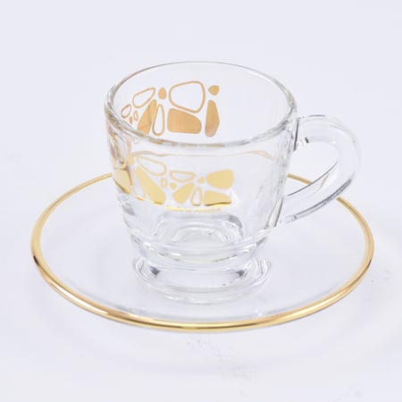 طقم فناجين قهوة زجاجية مع صحن مذهبة بزخرفة هندسية عصرية وانيقة