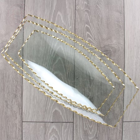 صينية تقديم مقعرة مستطيلة من الزجاج المزخرف بحواف ذهبية