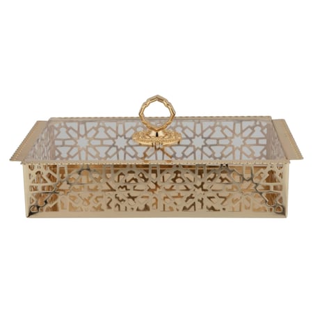 صينية تقديم مستطيلة تصميم مخرم من السيف - لون ذهبي - متوفرة بمقاسين
