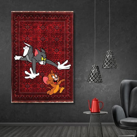 لوحة جدارية مطبوعة بخلفية سجاد وكولاج صوره توم وجيري