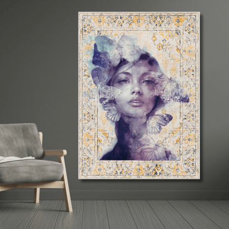 لوحة جدارية مطبوعة بخلفية سجاد وكولاج صوره امرأه