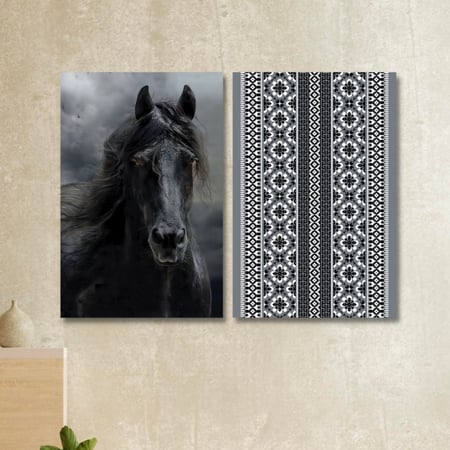طقم من لوحتين كنفاس جدارية الخيل و نقشة السدو