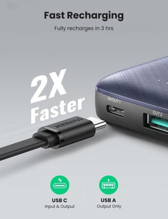 يوجرين - بطارية متنقلة شاحن متنقل شحن سريع PD 10000mAh بقوة 20 واط USB-A+USB-C - (ازرق داكن)