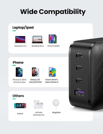 يوجرين - شاحن جداري GaN 65 واط 4 منافذ شحن سريع