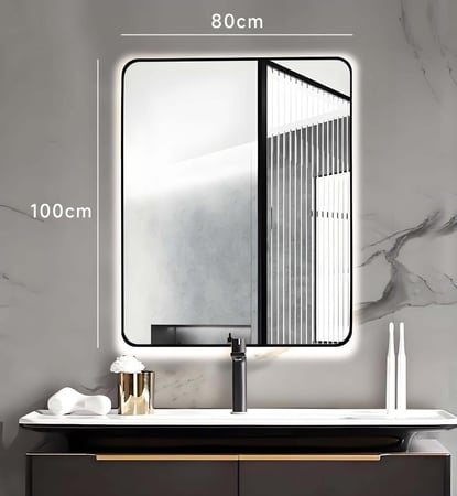 مراية 100x80 مربع ليد LED ثلاثة الوان بنظام أضاءة تدريجية فريم اسود