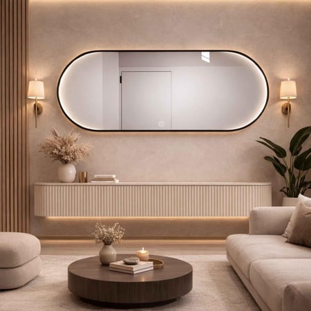 مراية 180x70 بيضوي ليد LED بنظام أضاءة تدريجي اطار المنيوم اسود