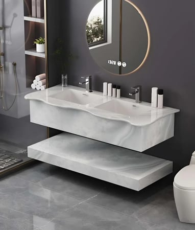 مغسلة ديكور رخام حجر طبيعي حوضين قص ليزر 150*50 لون رمادي ابيض