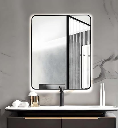 مراية 100x80 مربع ليد LED ثلاثة الوان بنظام أضاءة تدريجية فريم اسود