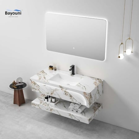 مغسلة ديكور مضيئة بورسلان بلمسة رخامية 80x50 ابيض نقش بني