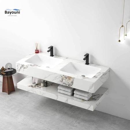 مغسلة ديكور بورسلان بلمسة رخامية قص ليزر حوضين 150x50 أبيض نقش بني