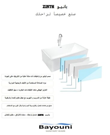 بانيو أكريليك خمس طبقات 170x75 ماركة ZINITH
